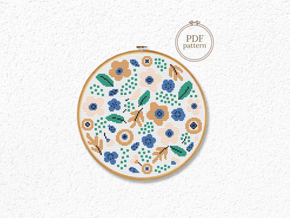 Modern floral bouquet cross stitch pattern – beige spring flowers PDF embroidery design