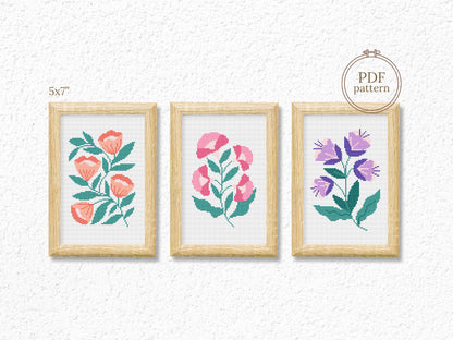 Modern floral cross stitch patterns set – colorful flowers in hoop art PDF.