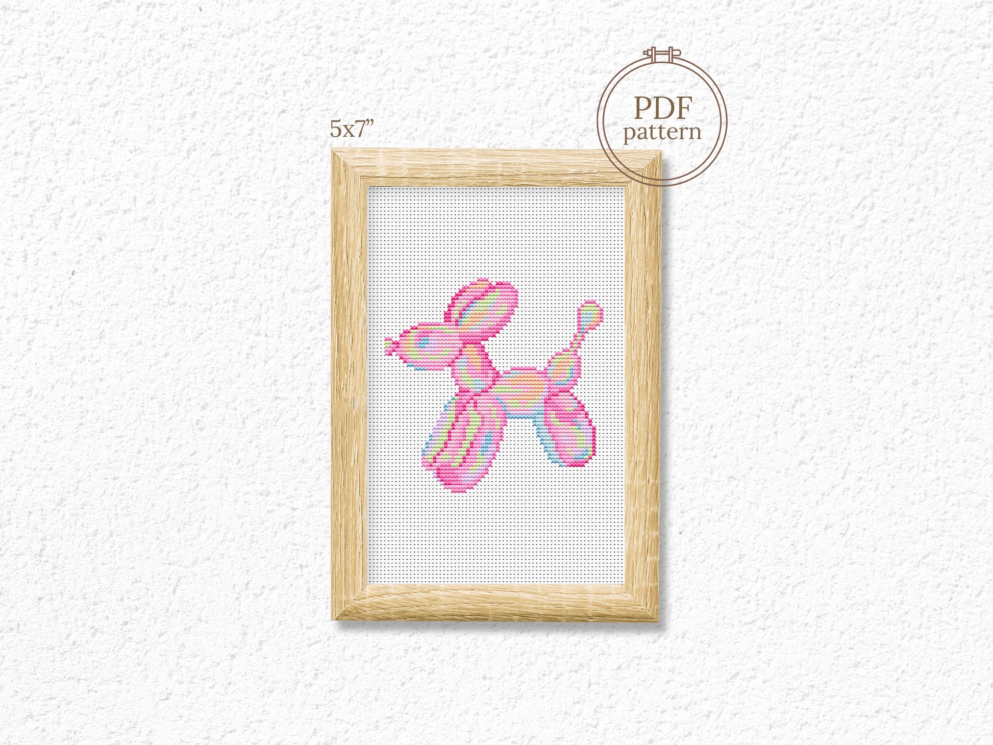 Pink inflatable balloon dog cross stitch pattern – cute modern embroidery PDF for girl’s room decor