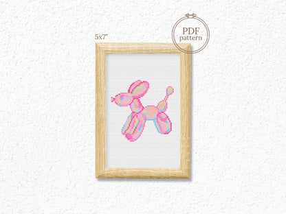 Pink inflatable balloon dog cross stitch pattern – cute modern embroidery PDF for girl’s room decor