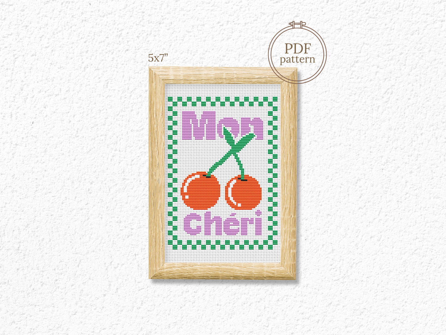 Mon Cherry cross stitch pattern with two cherries and quote in modern style – PDF download.