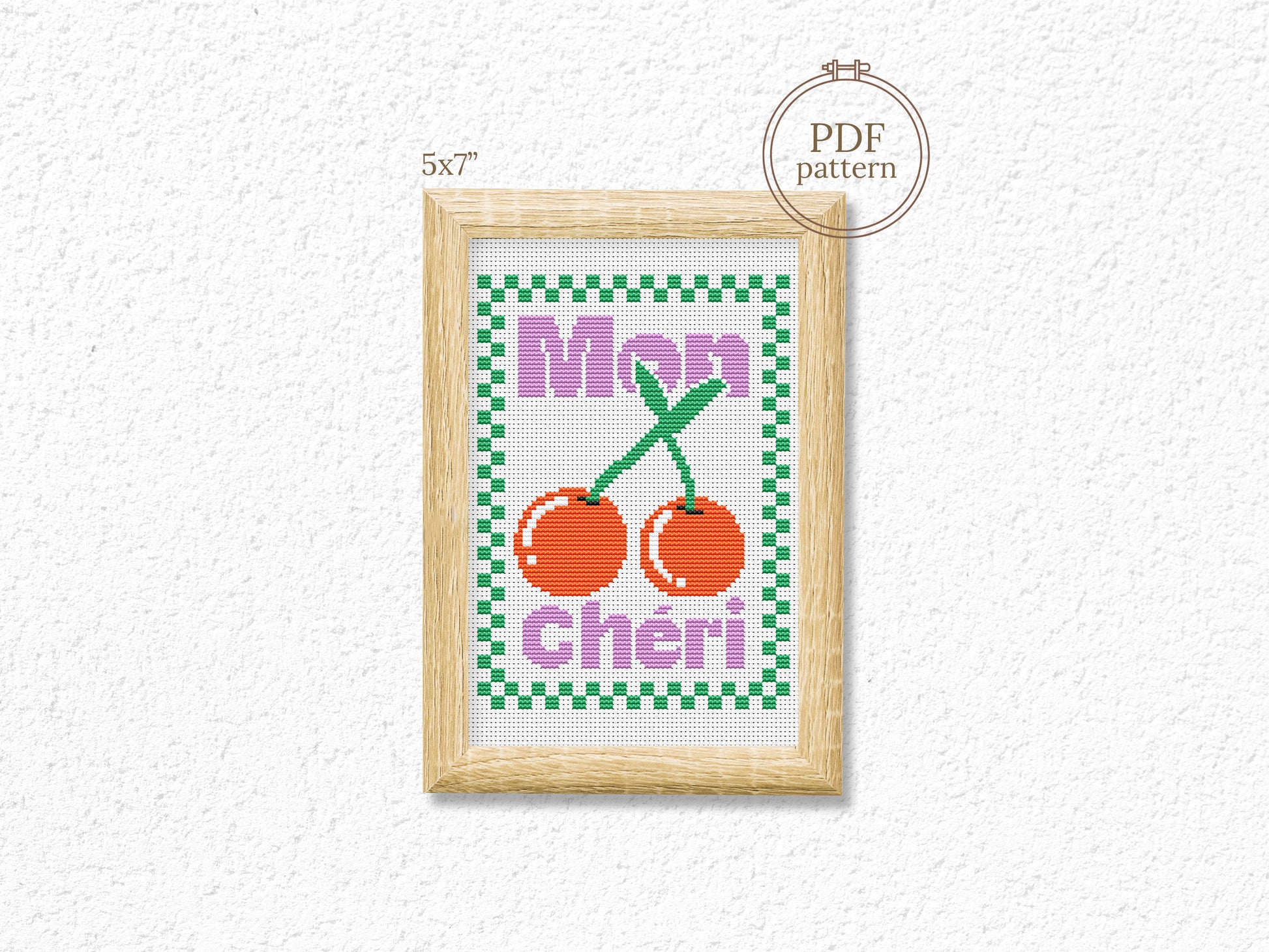 Mon Cherry cross stitch pattern with two cherries and quote in modern style – PDF download.