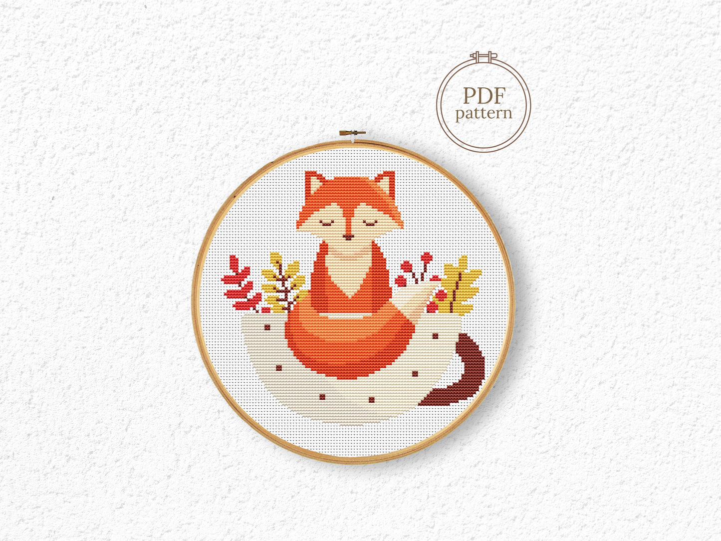 Cute fox in cup cross stitch pattern with autumn leaves, cozy fall PDF embroidery design