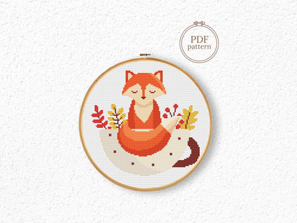 Cute fox in cup cross stitch pattern with autumn leaves, cozy fall PDF embroidery design