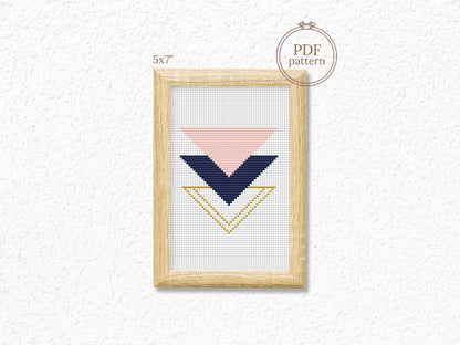 Triangle rose and gold cross stitch pattern with geometric and floral design