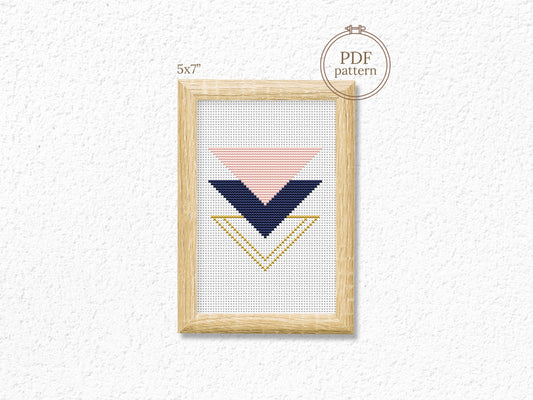 Triangle rose and gold cross stitch pattern with geometric and floral design