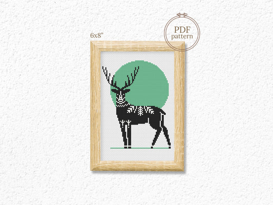 Scandinavian deer cross stitch pattern, Nordic folk embroidery design