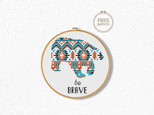 Be Brave Bear free cross stitch pattern, cute bear quote embroidery design
