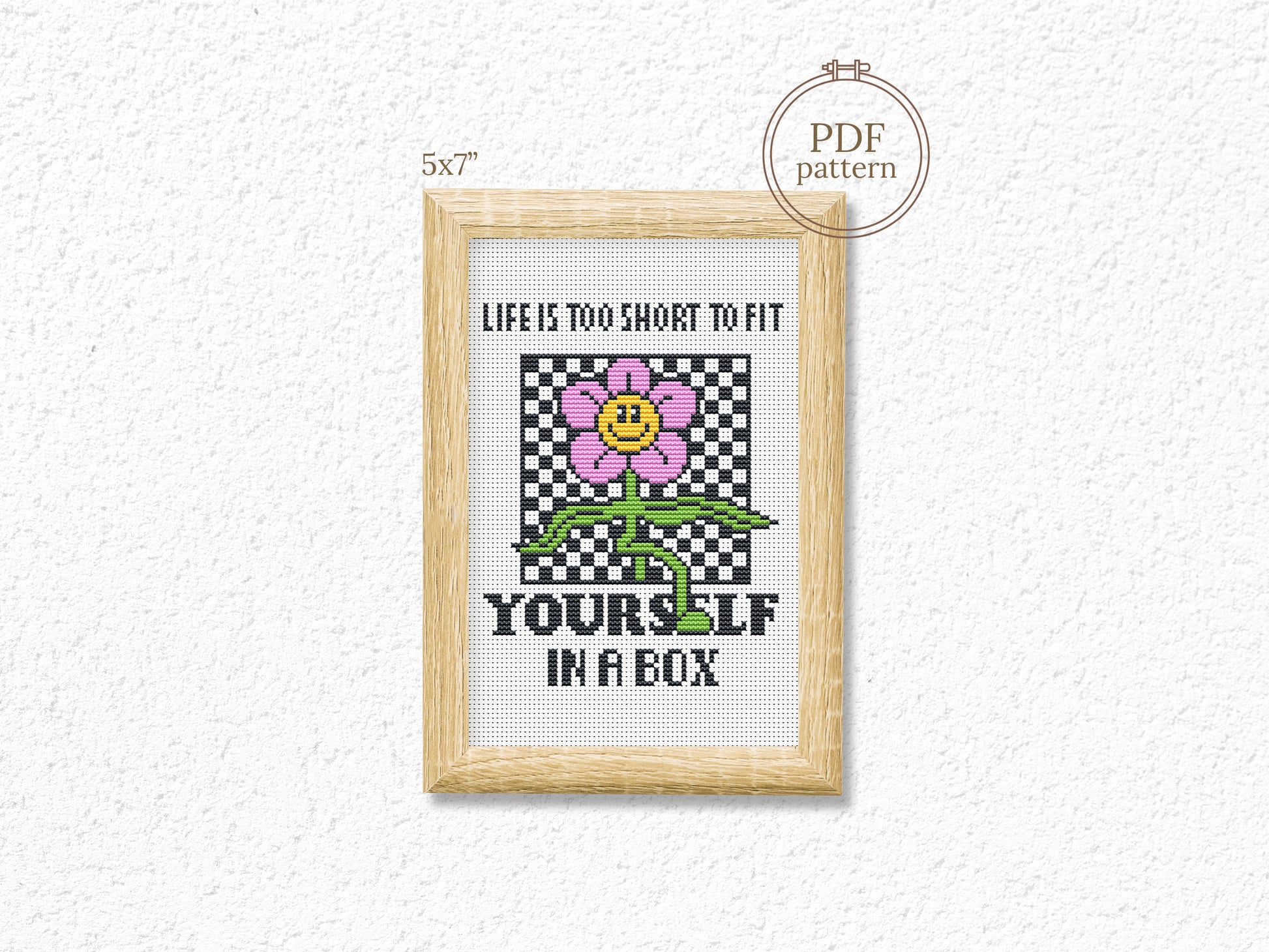 Life Is Too Short cross stitch pattern – funny cartoon quote embroidery PDF, retro modern design for home decor or gift