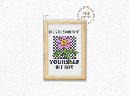 Life Is Too Short cross stitch pattern – funny cartoon quote embroidery PDF, retro modern design for home decor or gift