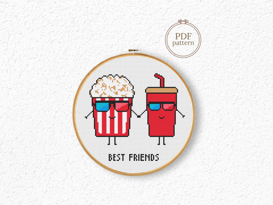 Movie night best friend cross stitch pattern with popcorn and cola