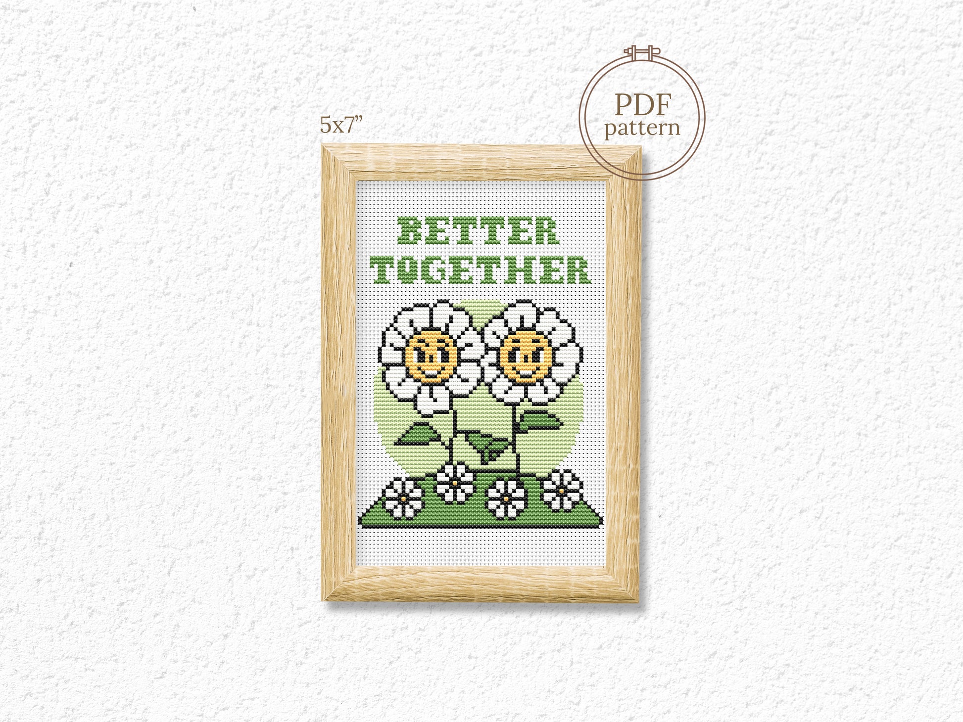 Better together cross stitch pattern – cute daisies quote PDF for friends or couple, modern embroidery chart