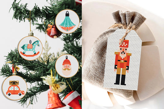 Set of 10 mini Christmas cross stitch patterns, festive holiday embroidery designs