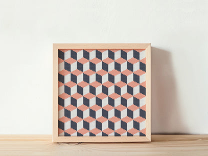 3D abstract cross stitch pattern with optical illusion and geometric depth