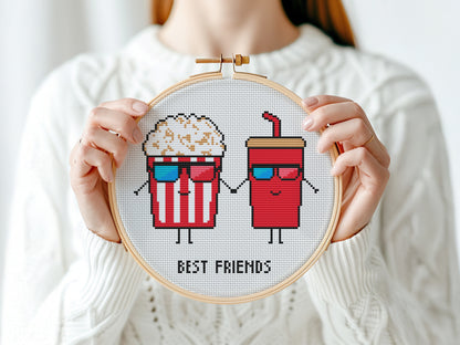 Movie night best friend cross stitch pattern with popcorn and cola