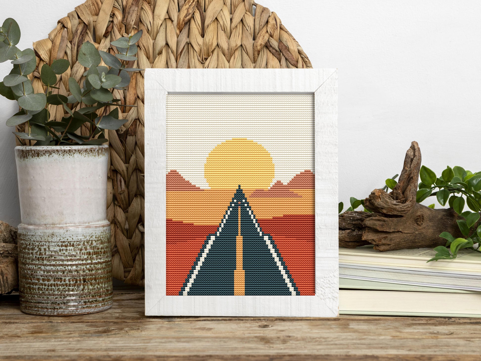 Mini road landscape cross stitch pattern – PDF embroidery scenic design