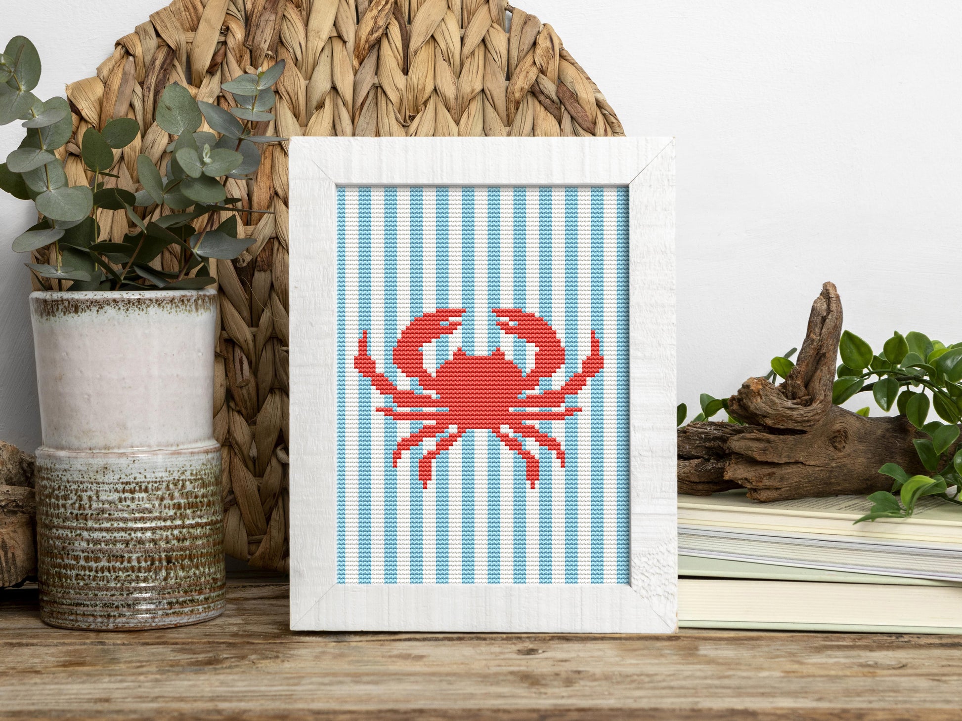 Crab trendy summer cross stitch pattern – modern coastal embroidery PDF