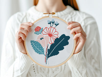 Modern floral bouquet cross stitch PDF pattern – colorful flower embroidery design