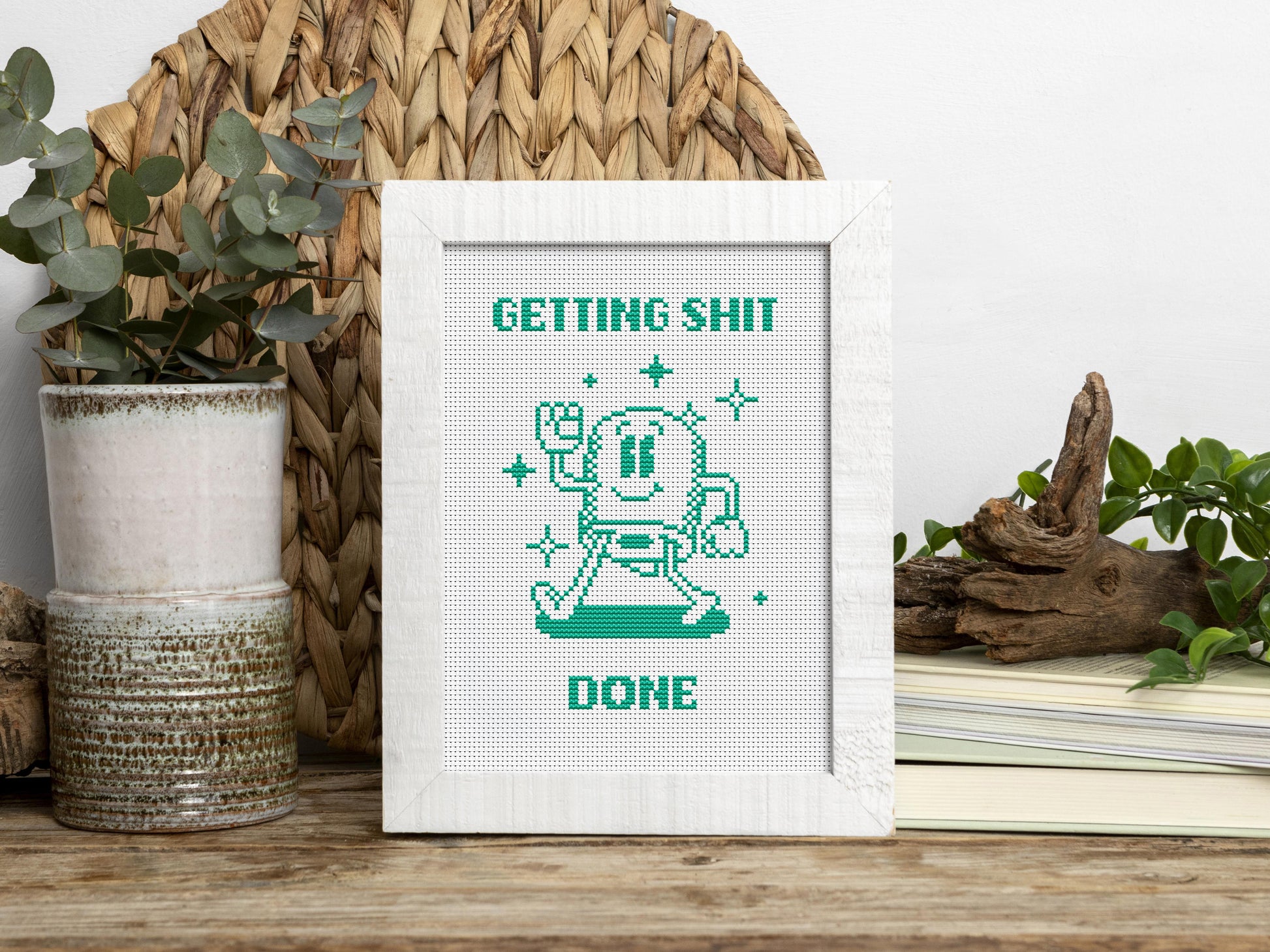 Funny “Getting Shit Done” cross stitch pattern with toilet paper motif – modern motivational PDF embroidery chart