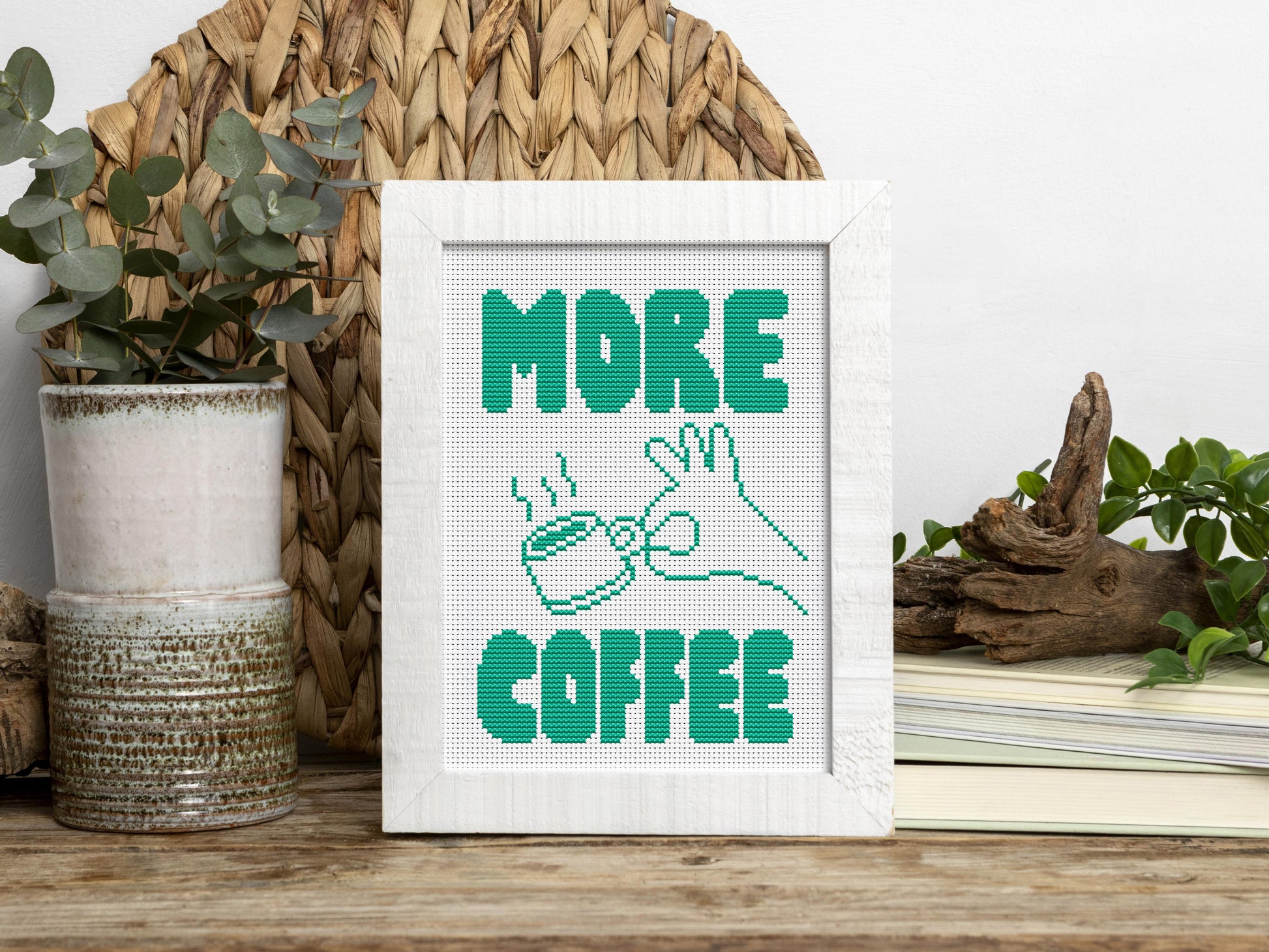 More Coffee cross stitch pattern in modern bold typography – instant PDF download.