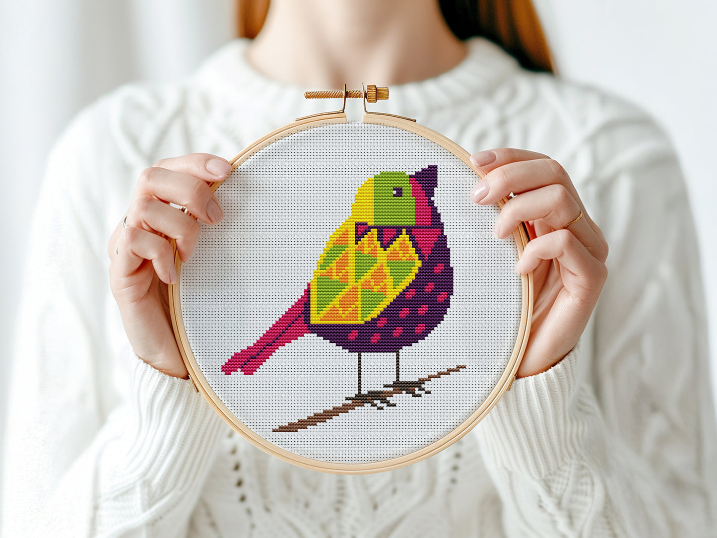 Person holding a cross-stitched hoop with a colorful bird design against a white background