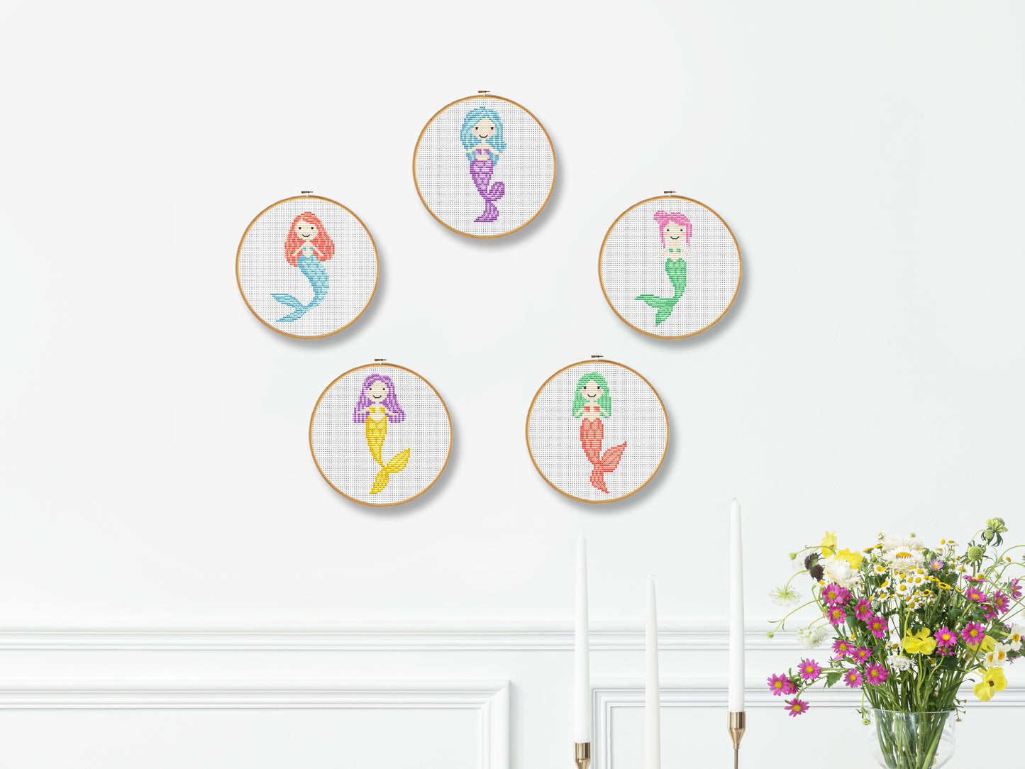 Colorful mermaid cross stitch pattern set – 5 cute PDF charts for nursery room decor