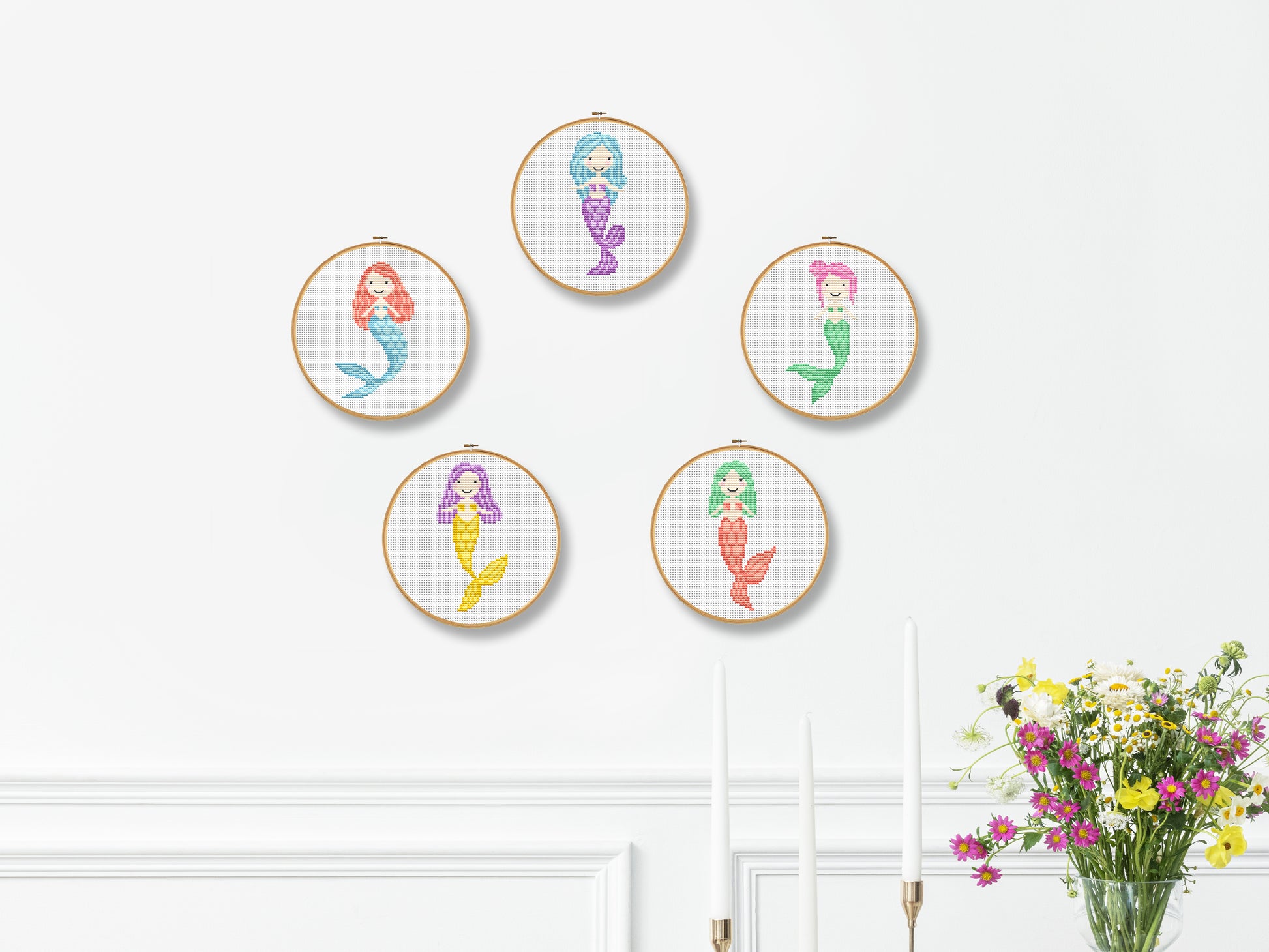 Colorful mermaid cross stitch pattern set – 5 cute PDF charts for nursery room decor