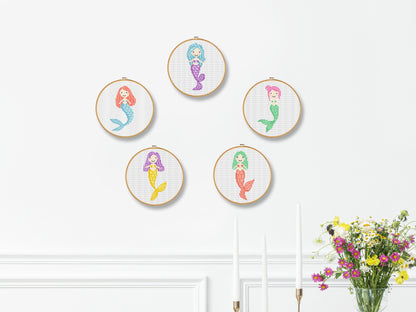 Colorful mermaid cross stitch pattern set – 5 cute PDF charts for nursery room decor