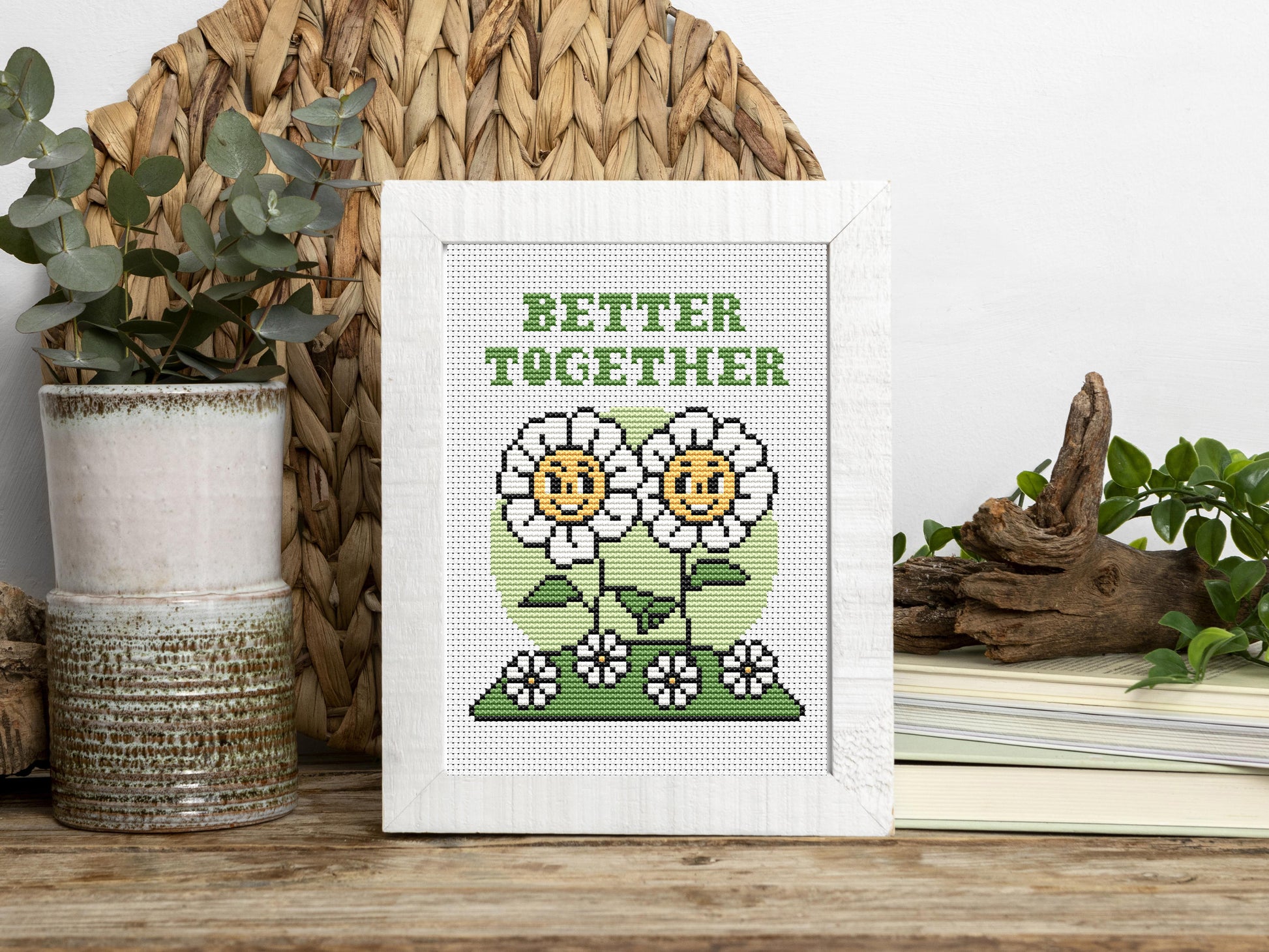 Better together cross stitch pattern – cute daisies quote PDF for friends or couple, modern embroidery chart
