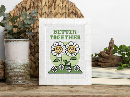 Better together cross stitch pattern – cute daisies quote PDF for friends or couple, modern embroidery chart