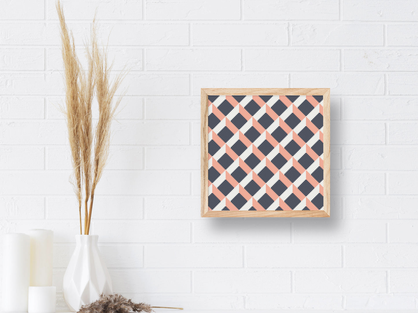 Modern geometric cross stitch pattern with abstract shapes and clean lines