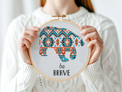 Be Brave Bear free cross stitch pattern, cute bear quote embroidery design