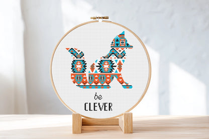 Tribal fox free cross stitch pattern, geometric woodland animal embroidery design
