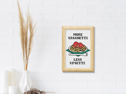 More Spaghetti Less Upsetti cross stitch pattern – funny kitchen quote embroidery PDF for modern food decor