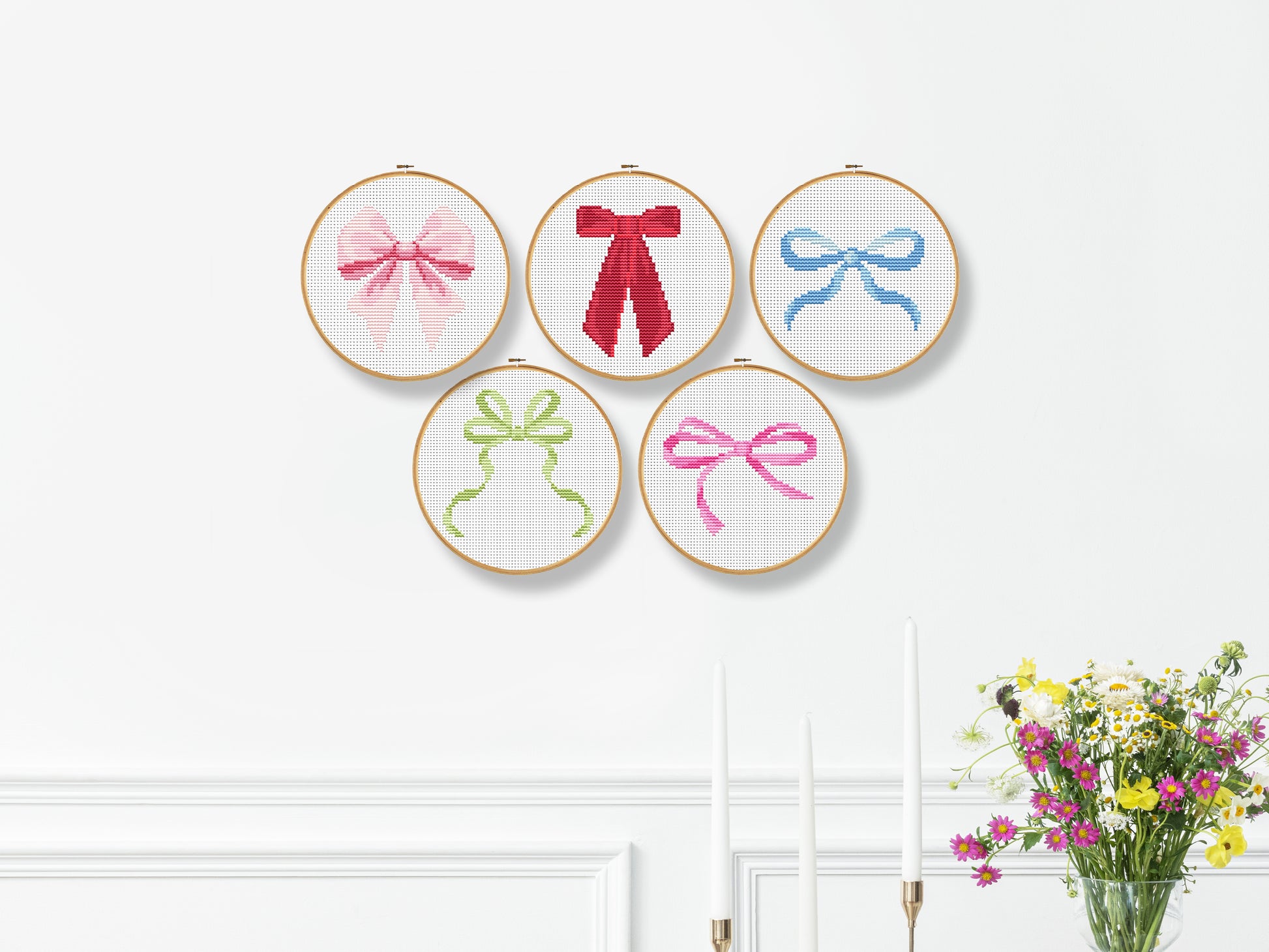 Set of 5 minimalist bow cross stitch patterns – trendy PDF chart for modern girl room decor