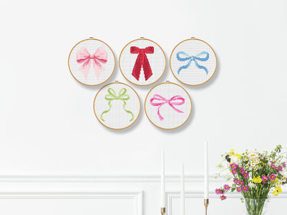 Set of 5 minimalist bow cross stitch patterns – trendy PDF chart for modern girl room decor