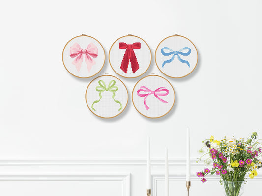 Set of 5 minimalist bow cross stitch patterns – trendy PDF chart for modern girl room decor