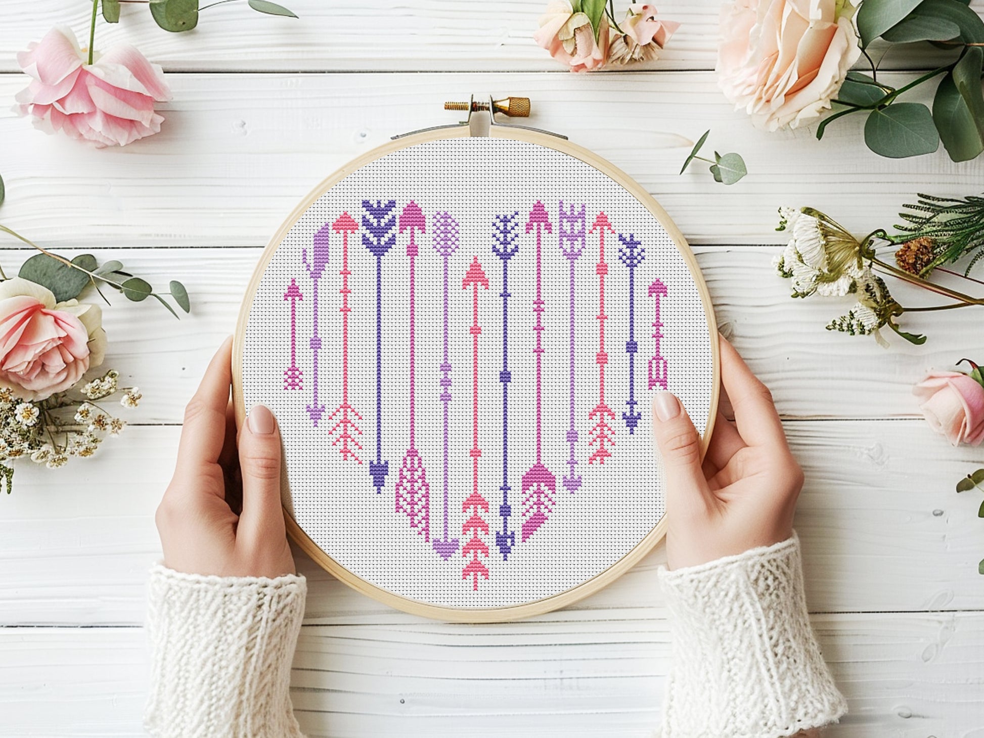 Free arrows in heart shape cross stitch pattern – minimalist modern embroidery PDF design for Valentine’s or love-themed projects