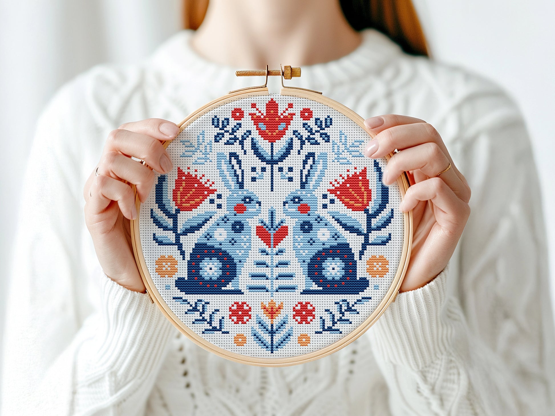 Folk rabbits Nordic cross stitch pattern, Scandinavian animal embroidery design