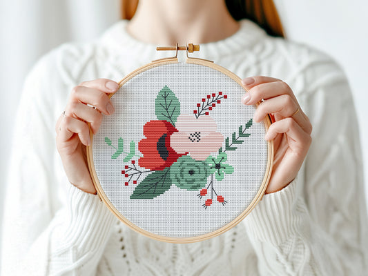 Red floral cross stitch pattern – modern bouquet in hoop PDF chart with minimalist flower design