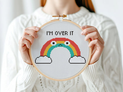 "I'm Over It" quote rainbow cross stitch pattern, fun typography embroidery design