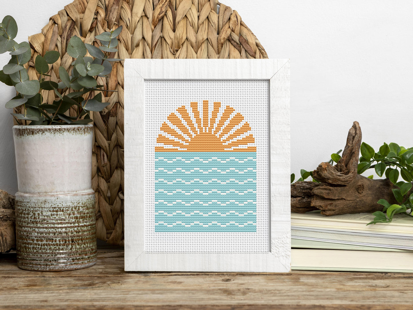 Geometric summer landscape cross stitch pattern – trendy abstract shapes – beginner-friendly embroidery PDF