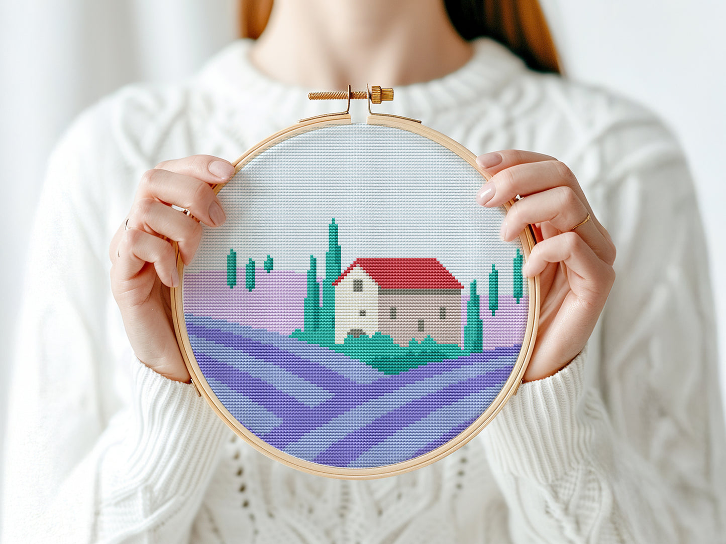 Lavender field cross stitch pattern with blooming flowers and nature landscape