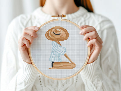 Woman Sitting on a Beach Cross Stitch Pattern – PDF Design