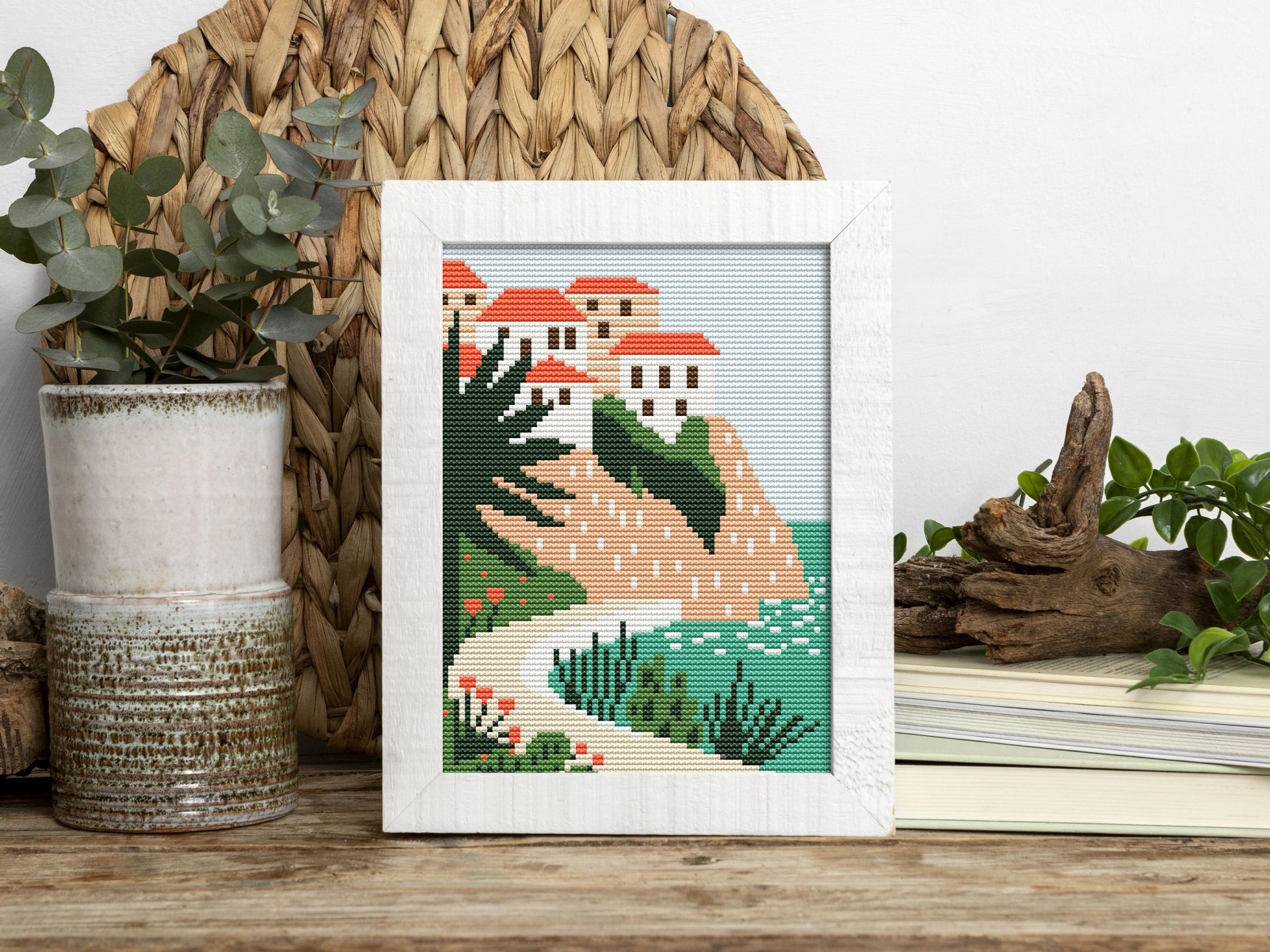 Dubrovnik coastal cross stitch pattern – Croatia landscape embroidery PDF, Mediterranean travel design