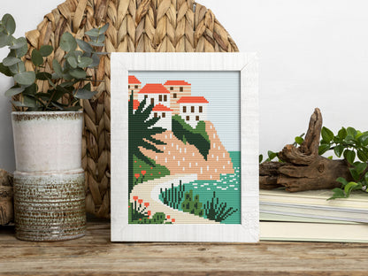 Dubrovnik coastal cross stitch pattern – Croatia landscape embroidery PDF, Mediterranean travel design