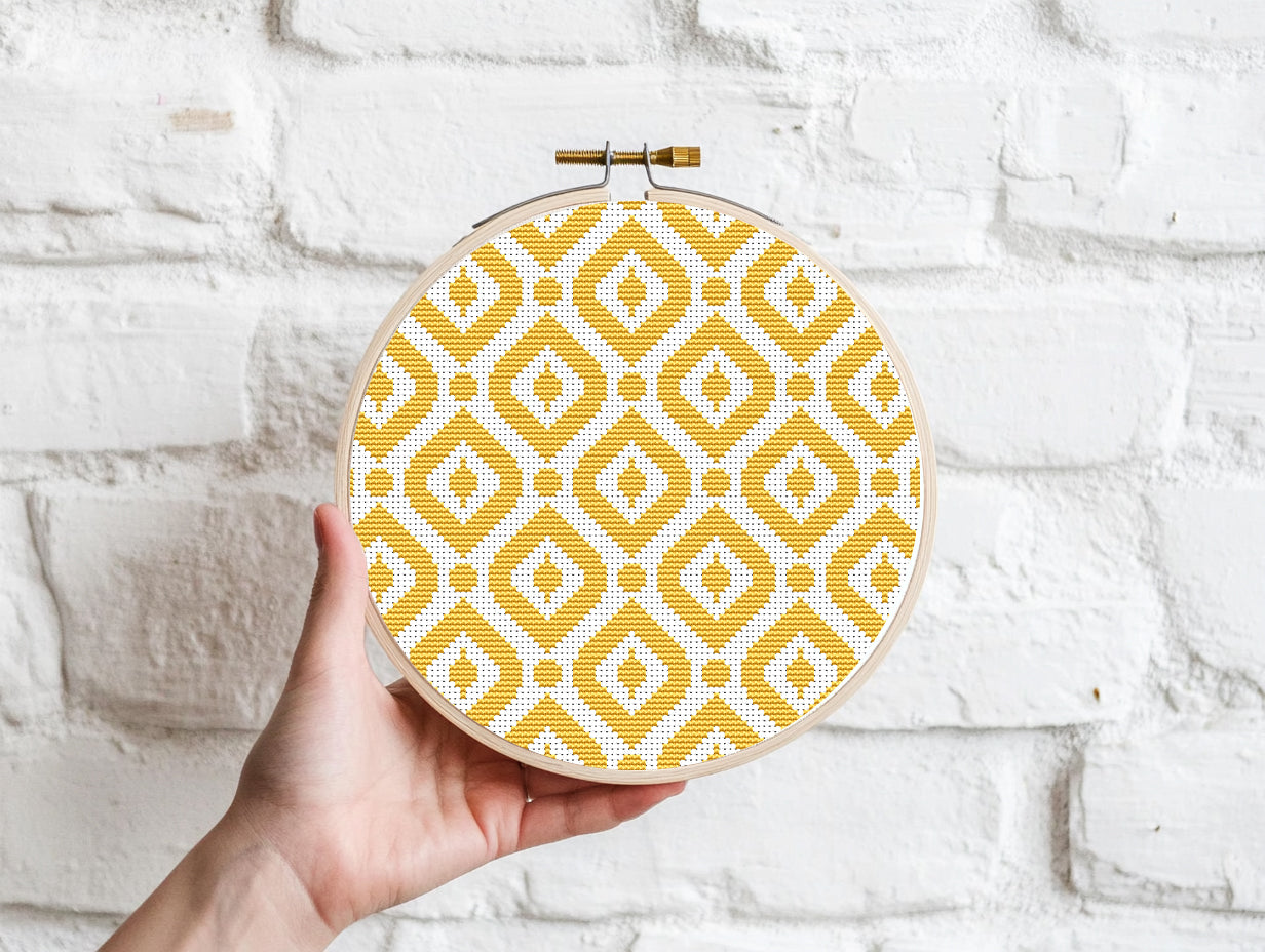 Yellow geometric rhombs cross stitch pattern, modern diamond design in PDF format