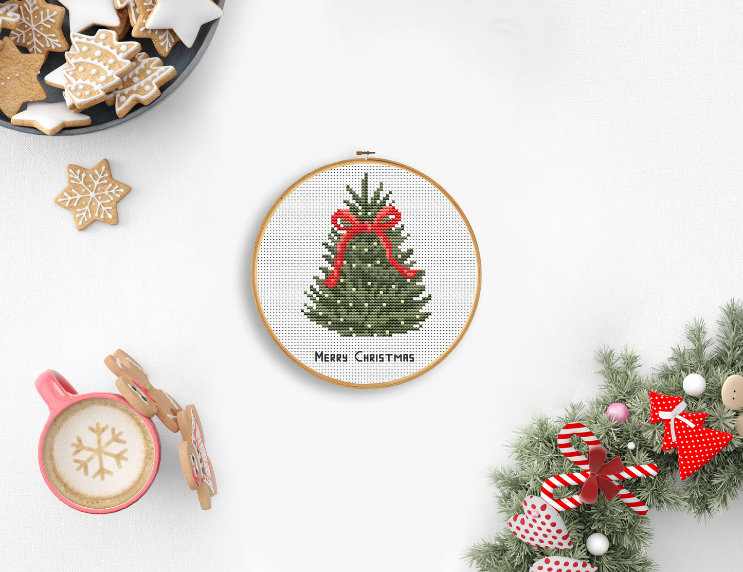 Christmas tree with red bow cross stitch pattern, festive holiday embroidery design