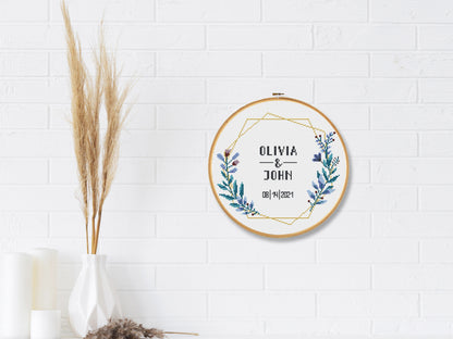 Wedding personalized cross stitch pattern – floral frame in blue and violet – embroidery PDF with alphabet