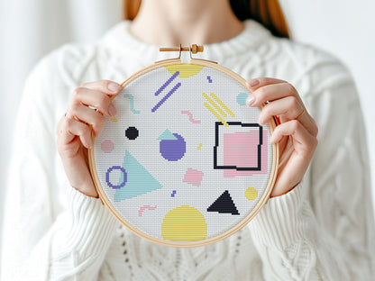 Memphis style abstract geometric shapes cross stitch pattern